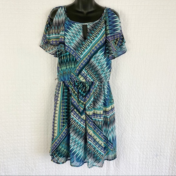 NWT BCX Cold-Shoulder Geometric Print Midi Dress - Picture 1 of 7